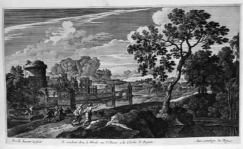 Landschaft mit Wanderern bei einer Wasserfestung