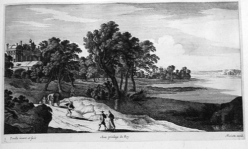 Landschaft mit Wanderern bei einem Schloß