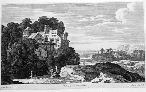 Landschaft mit einer Ruine am Ufer