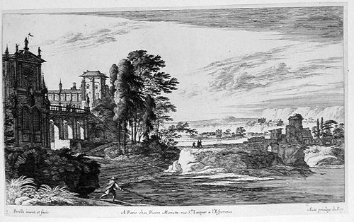 Landschaft mit einem Kloster am Ufer