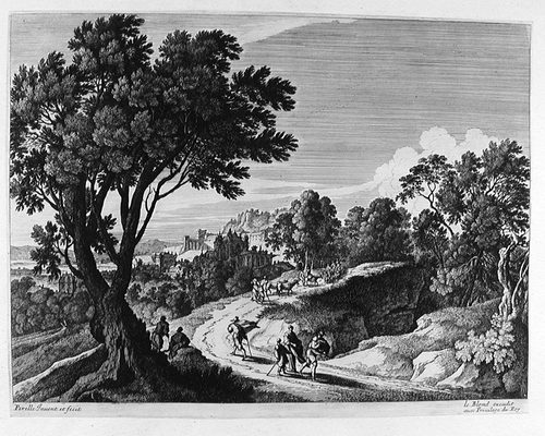 Landschaft mit einem großen Baum und Wanderern