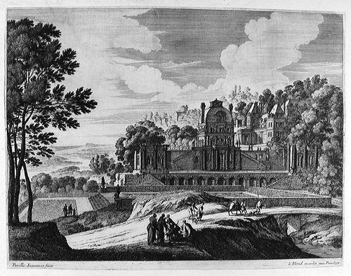 Landschaft mit Wanderern vor einem Schloß