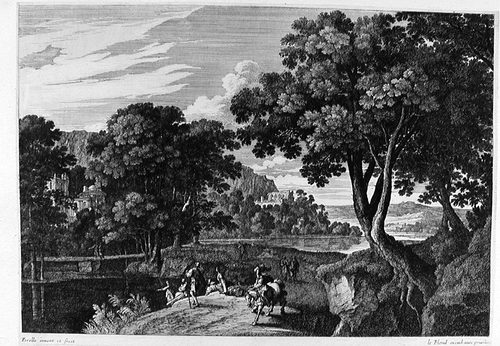Waldlandschaft mit Wanderen und einem Reiter