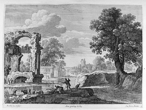 Landschaft mit einer Ruine und schwex enden Kühen