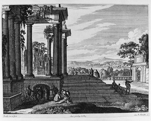Landschaft mit der Gesellschaft, eine antike Ruine anschauend
