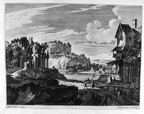 Landschaft mit einer Stadt auf Felsen