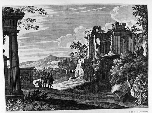 Landschaft mit einer Ruine und drei Wanderern