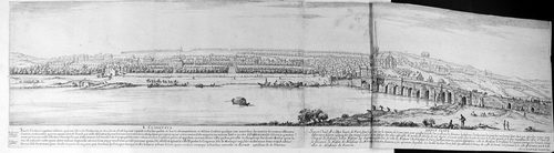Titelblatt - Fama mit der Landkarte mit den Städten an Loire >>Les Villes de la Riviere de Loire, Rome, et plusieurs Objectz d´ Italie, et de France, mis en Lumiere par de Lincler Con du Roy Controleur General des Bastimens de sa Ma., Artz et Manufactures