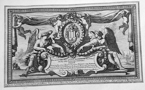 Titelblatt >> RECEVIL DES PLVS BEAVX EDIFICES ET FRONTISPICES DE PARIS. DEDIÉ A tres noble et tres illustre Seigneur HENRY DE HARLAY, Baron de Pallemor et de Sancy...<< (französischer Text)